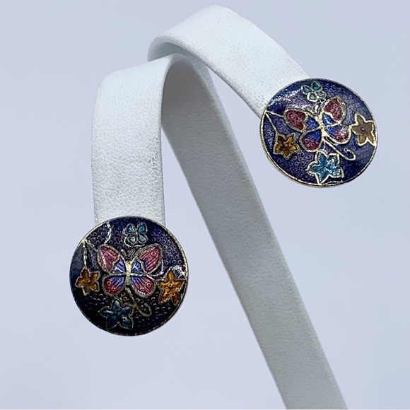 Vintage champleve enamel butterfly clip on earrings - Picture 2 of 9